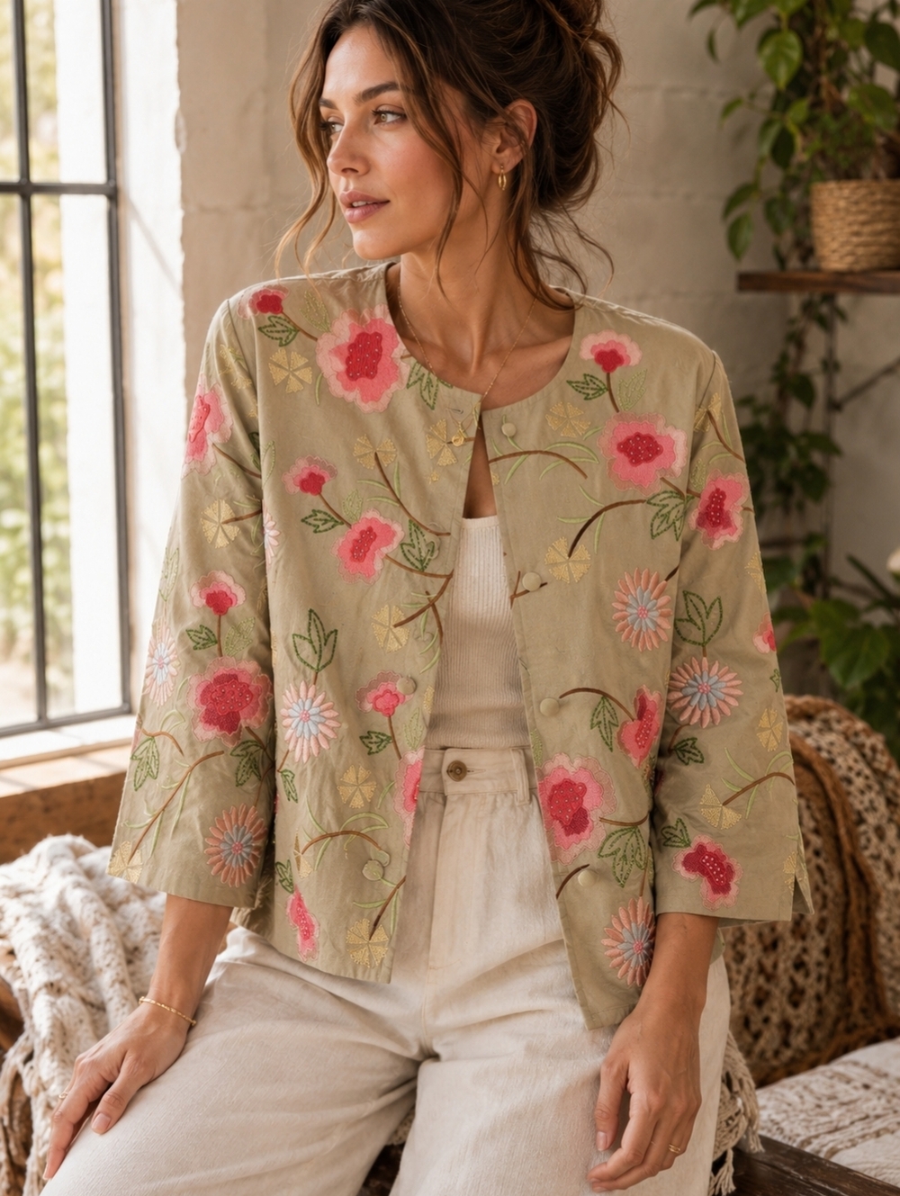 Ann Trinity Floral Embroidered Linen Blend Jacket Beaded Boho Cottagecore M